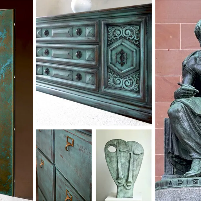 Verdigris and antique patina finishes on doors, furniture and sculpture