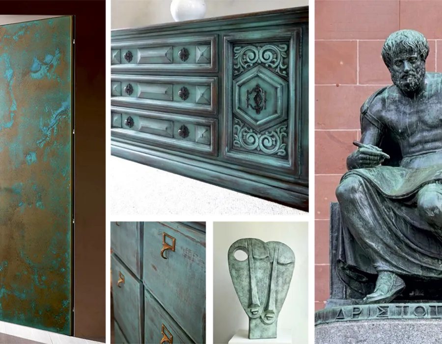 Antique patina finishes on doors, furniture and sculpture